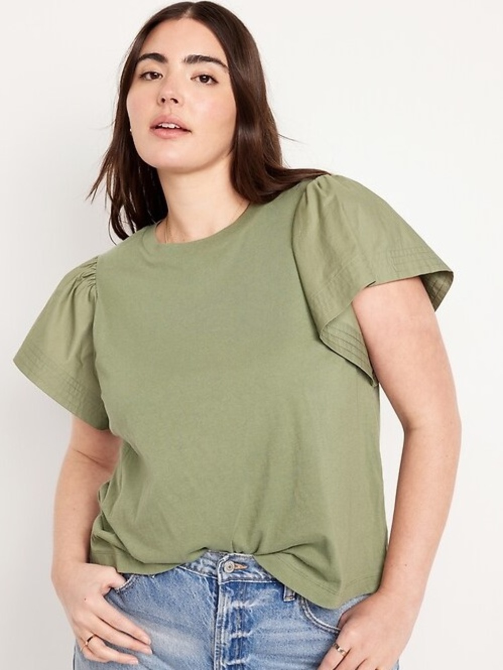 Old Navy Olive Green Crew Neck short flutter sleeves 100% cotton Size L